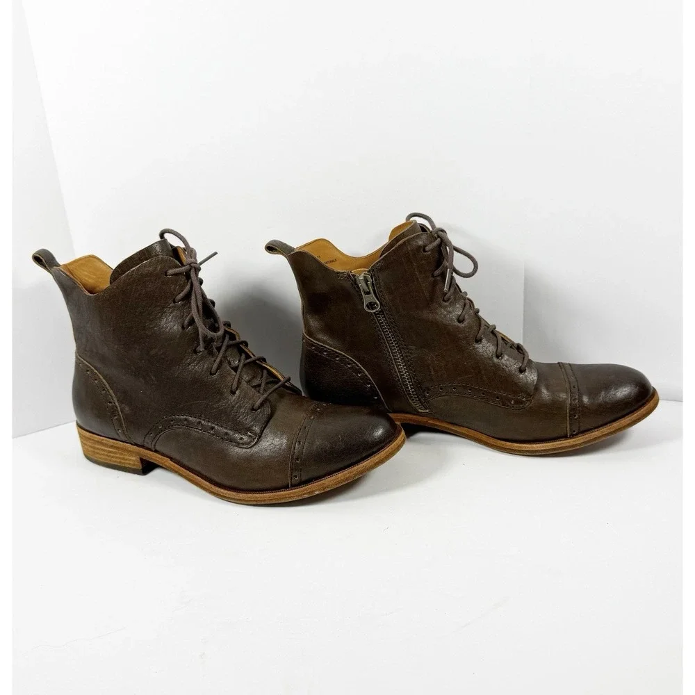 Kork-Ease Brown Leather Lace Up Ankle Boot Cap Toe Equestrian Zip Bootie 7.5